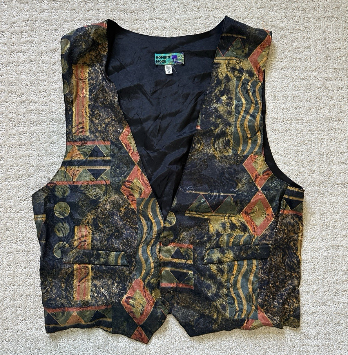 Vintage Hombre Mode XL Mens Vest Microfibre Black Gold Print