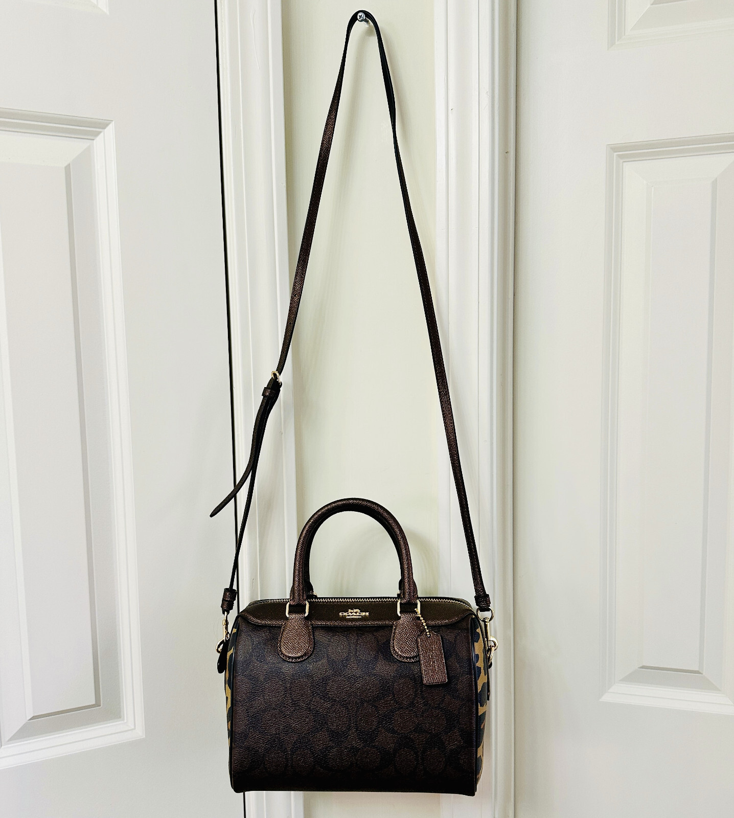 COACH Signature and Leopard Print Mixed Mini Bennett Satchel