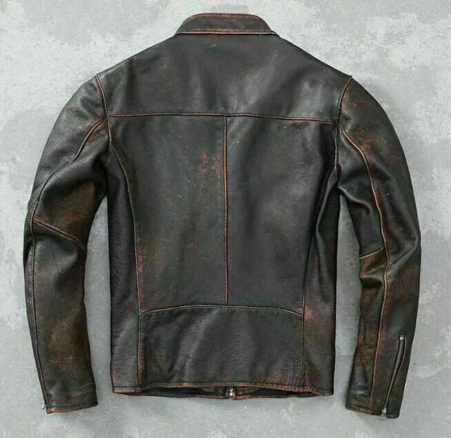 Men’s Motorcycle Biker Vintage Cafe Racer Distressed Brown Real Leather Jacket