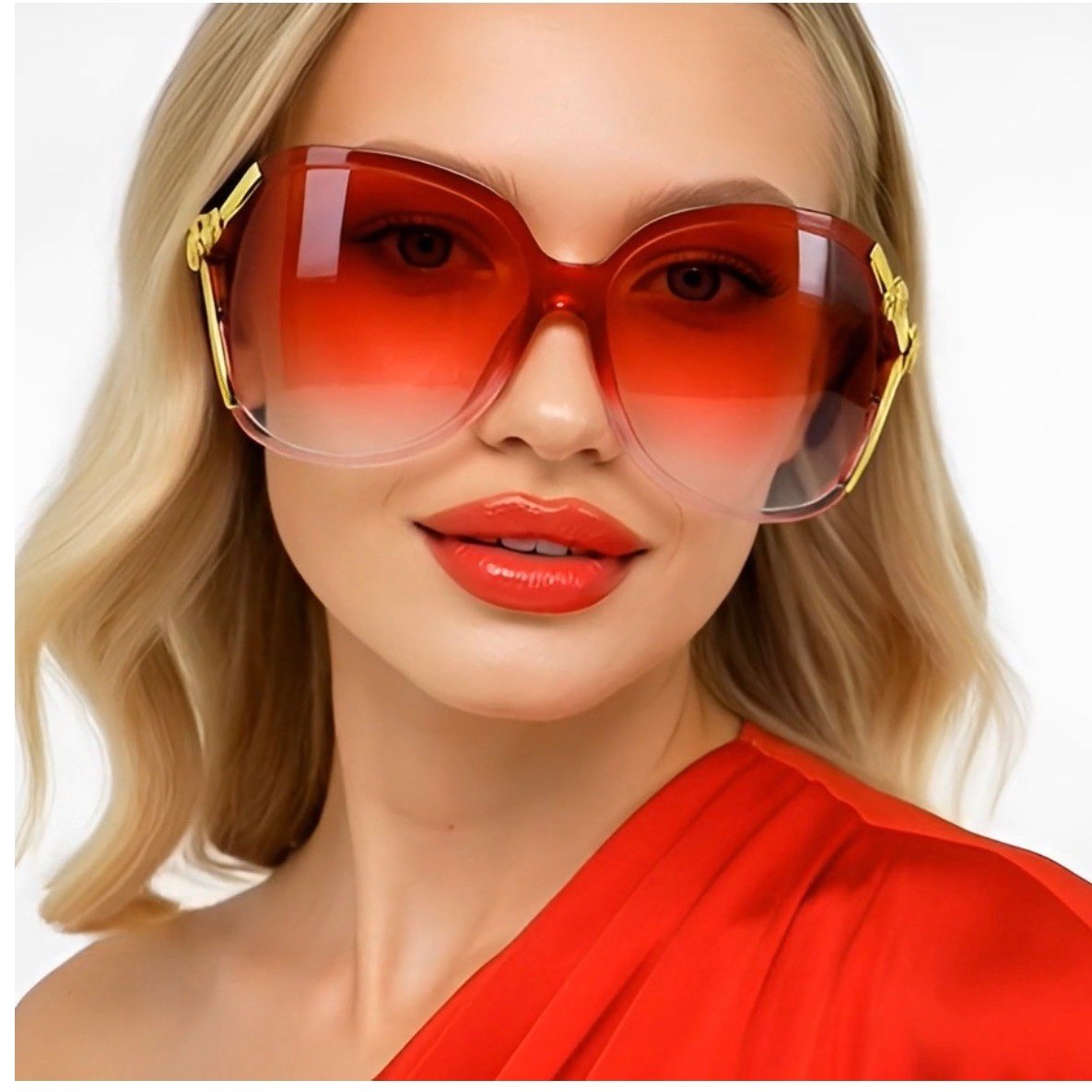 Oversized Sunglasses Gradient Red Lens Gold Flower Accents Fashion Shades WOMEN