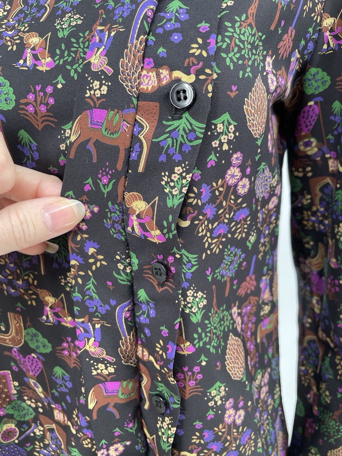 Amazing VTG 80s High Neck Sultan Raja Warrior Horse Print Button Up Shirt Top md