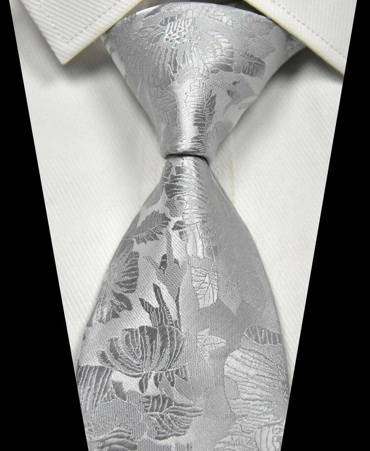 New Classic Floral Silver White 100% Silk Men’s Necktie Neck Tie 3.15”(8CM)