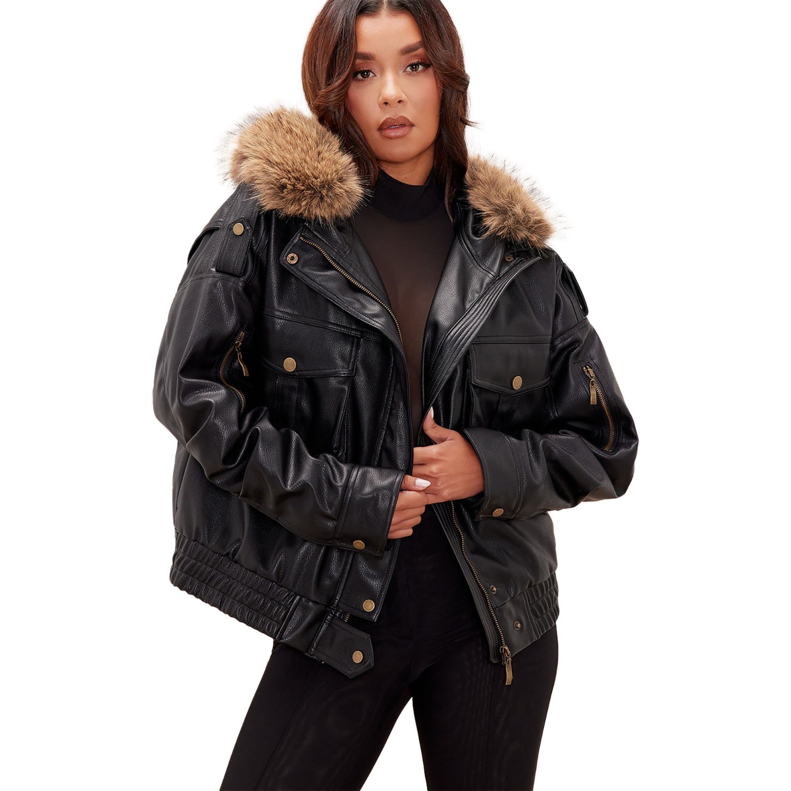 Women Real Leather Jacket Black Fur Hood Oversized Utility Bomber Coat