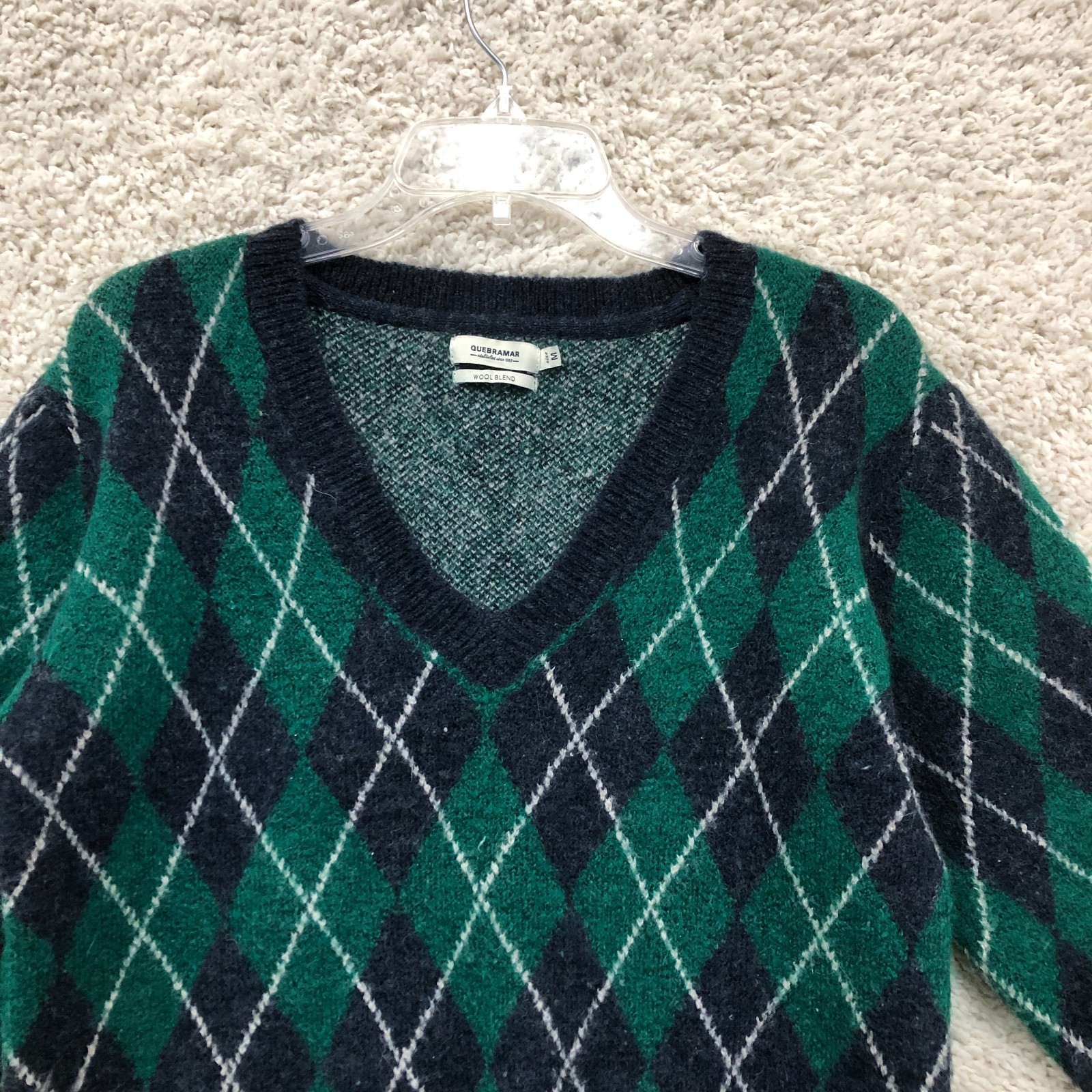 Quebramar Sweater Medium Adult Green Mohair Wool Argyle Diamond V Neck Womens M