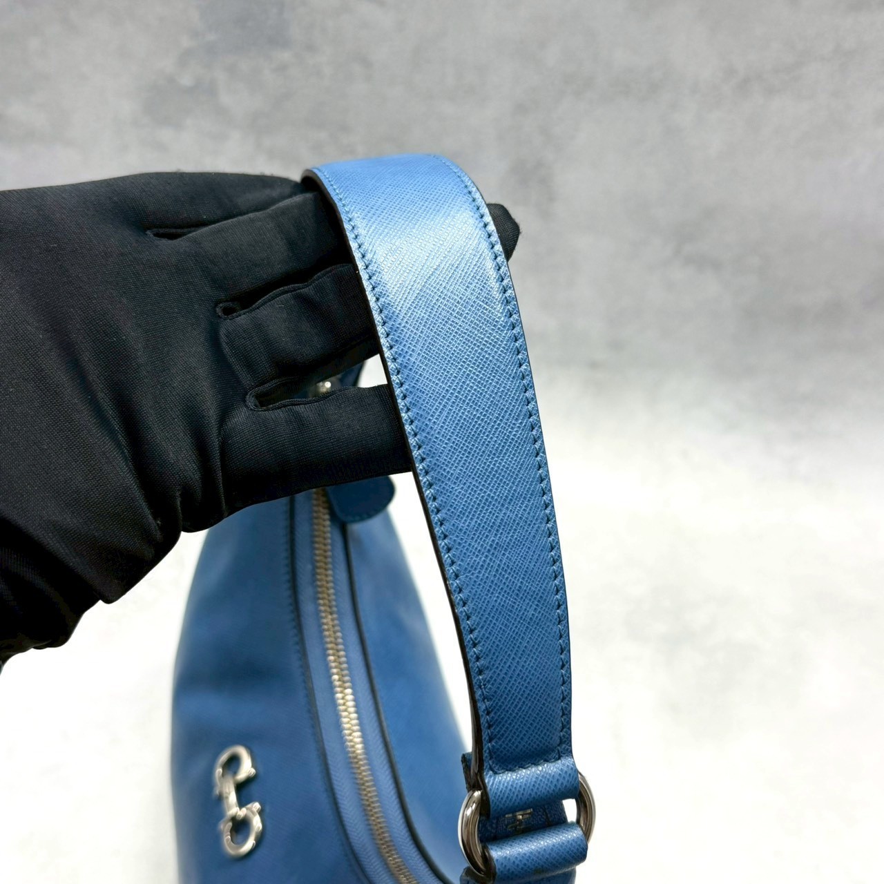 Salvatore Ferragamo Blue Saffiano Leather Hobo Shoulder Bag Gancini Italy Women