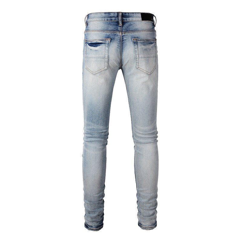 Men’s Slim Fit Stretch Denim Jeans with Paisley Patch Detail & Distressed Wash