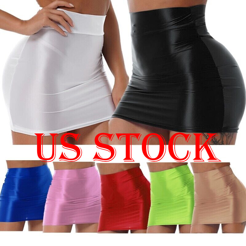 US Women Shiny Shaping Miniskirt Oily Shimmery Bodycon Skirt Sexy Party Clubwear