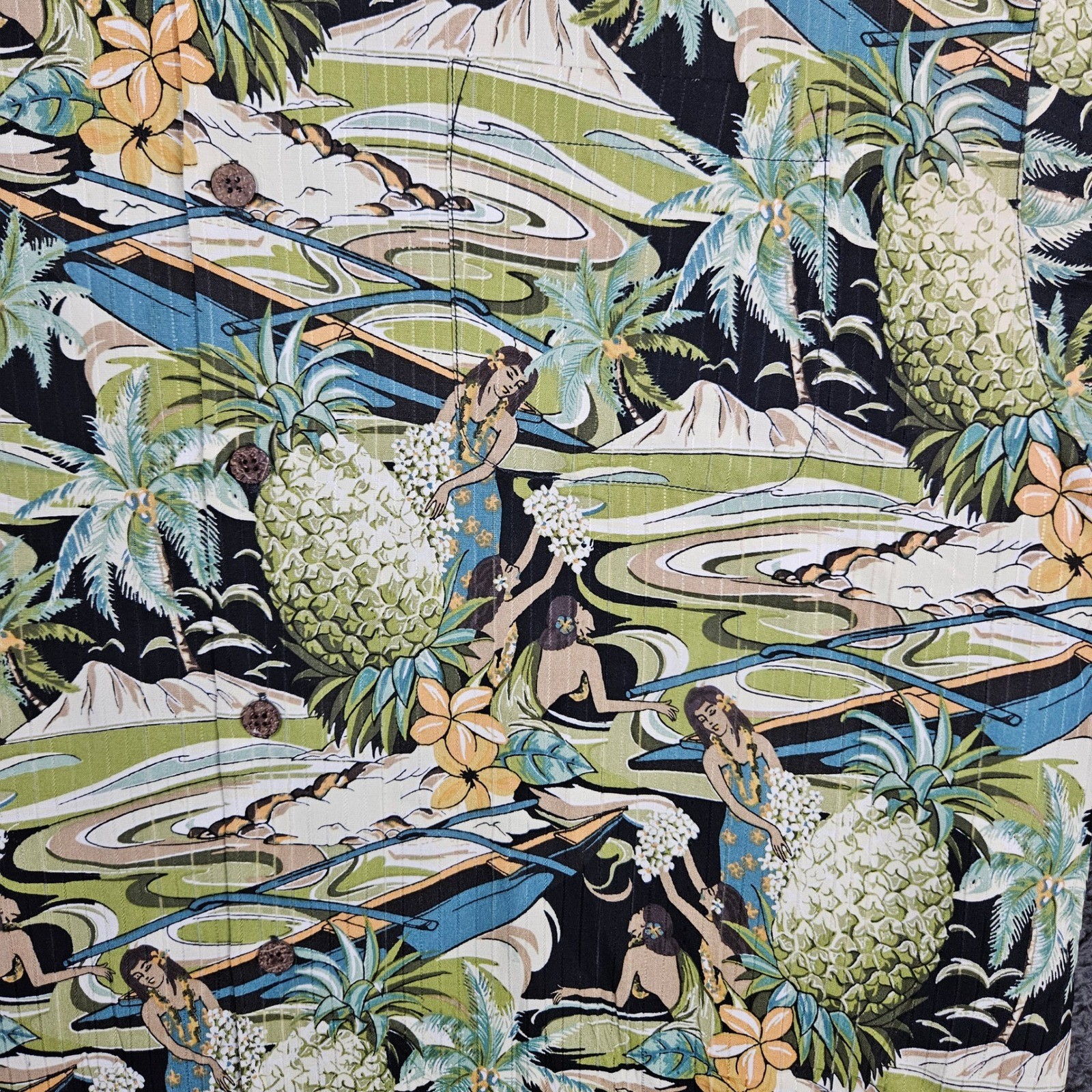 Tommy Bahama Mens XL Silk Cotton Hula Girl Pineapple Tropical Camp Shirt Green