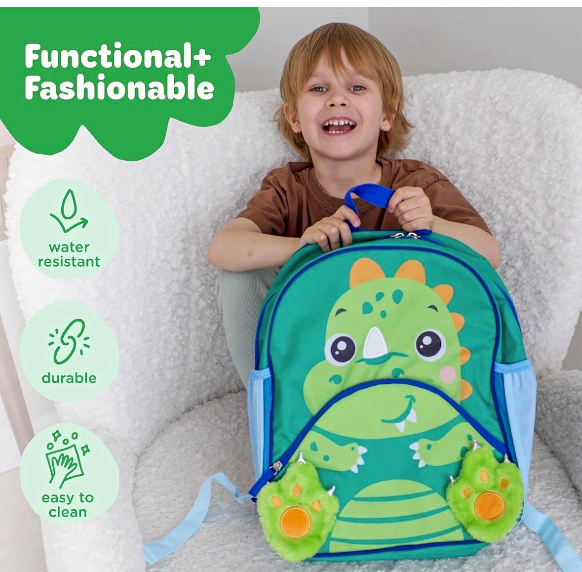 Move2Play Dinosaur Kids Backpack Water Resistant, Green/Blue/Orange, Pockets