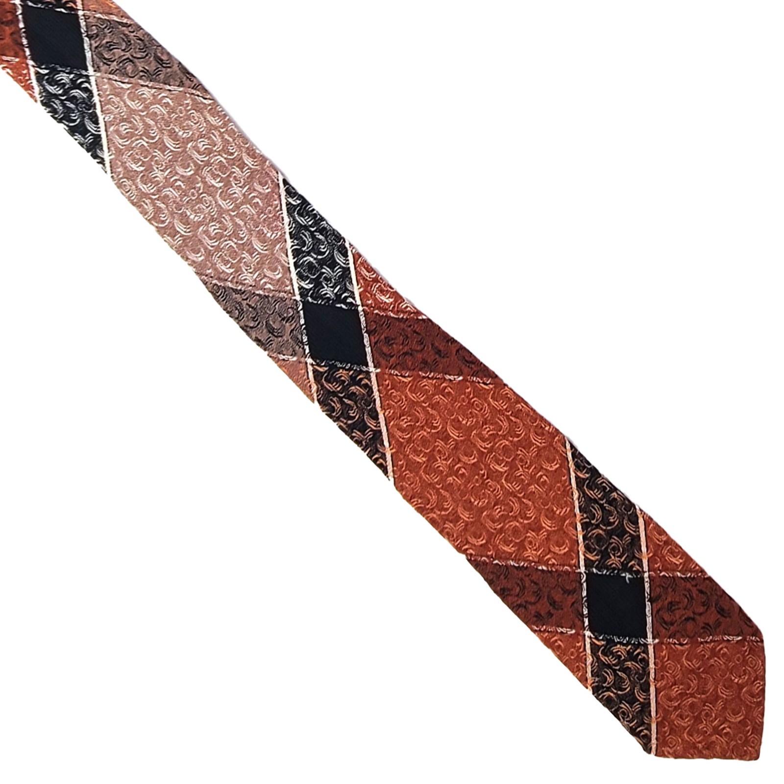 Vintage Jacquard Rust-Orange Black Beige Plaid Unlined Skinny Tie Necktie 2 x 53