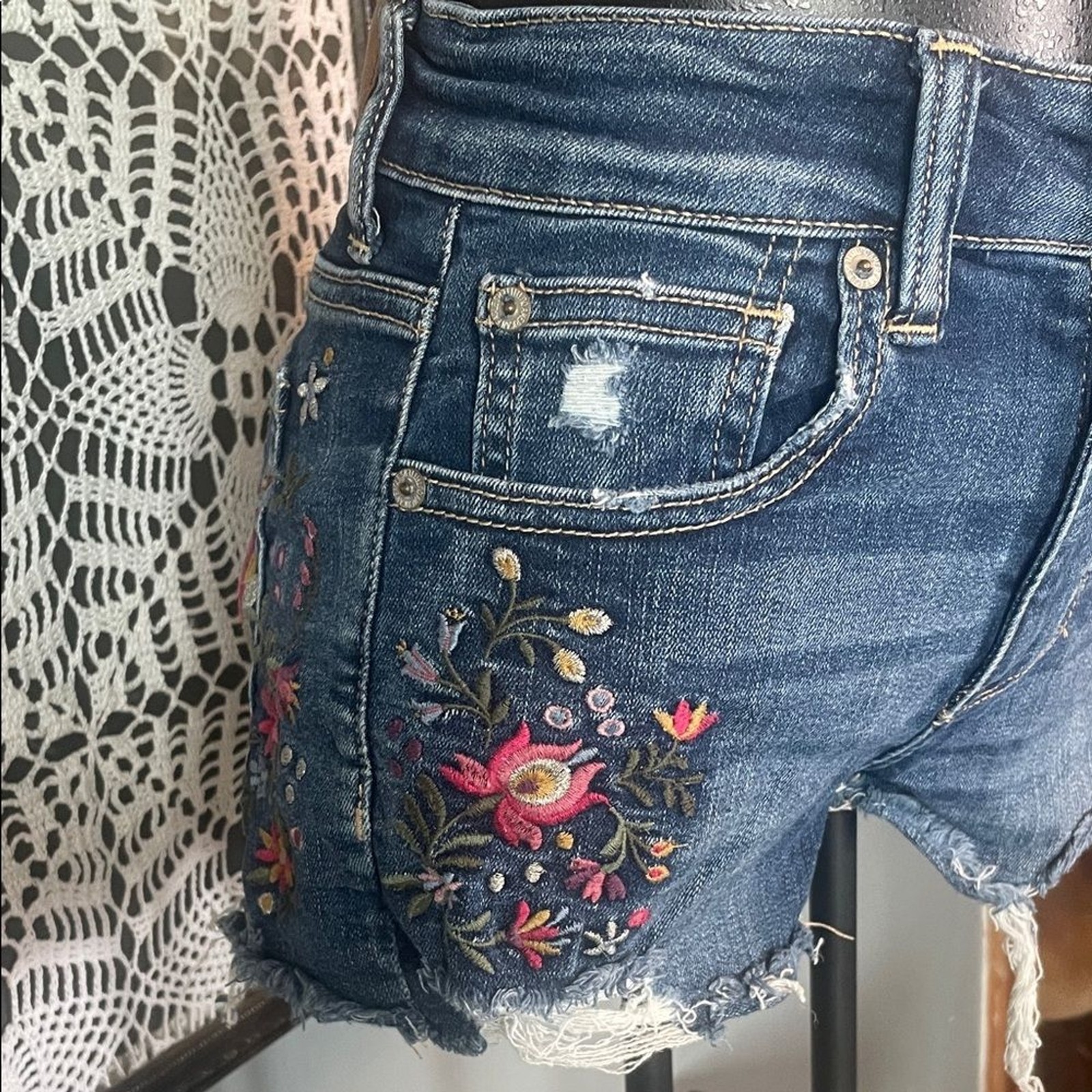American Eagle Outfitters Dark Blue Jean Shorts with Floral Embroidery