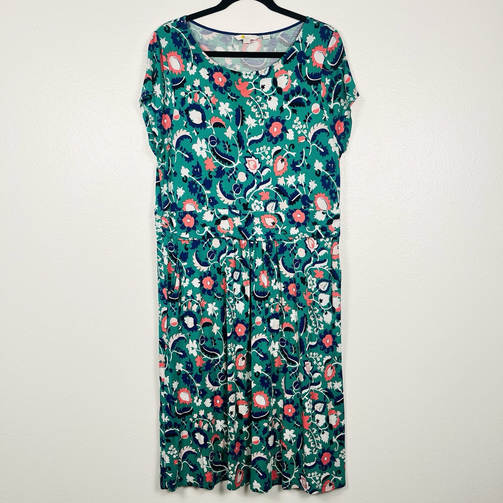Boden Size 16/18 Amelie Green Floral Jersey Short Sleeve Draped Sheath Dress