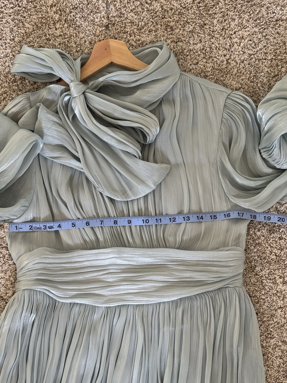 ANEWSTA Sage Green Shimmer Pleated Midi Dress Bow Neck Long Sleeve L