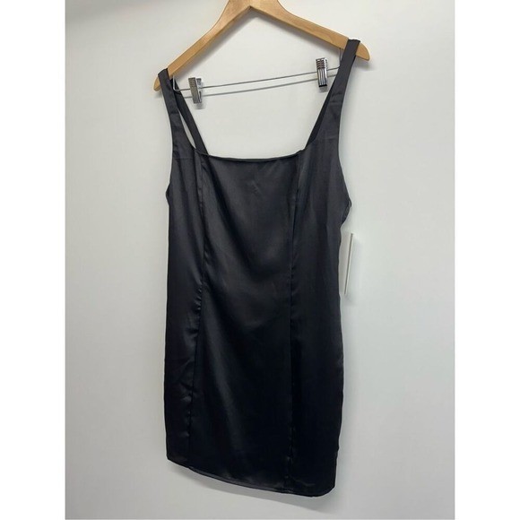 AQUA Mini Satin Dress Size Large Black Square Neck Sleeves Exclusive NEW
