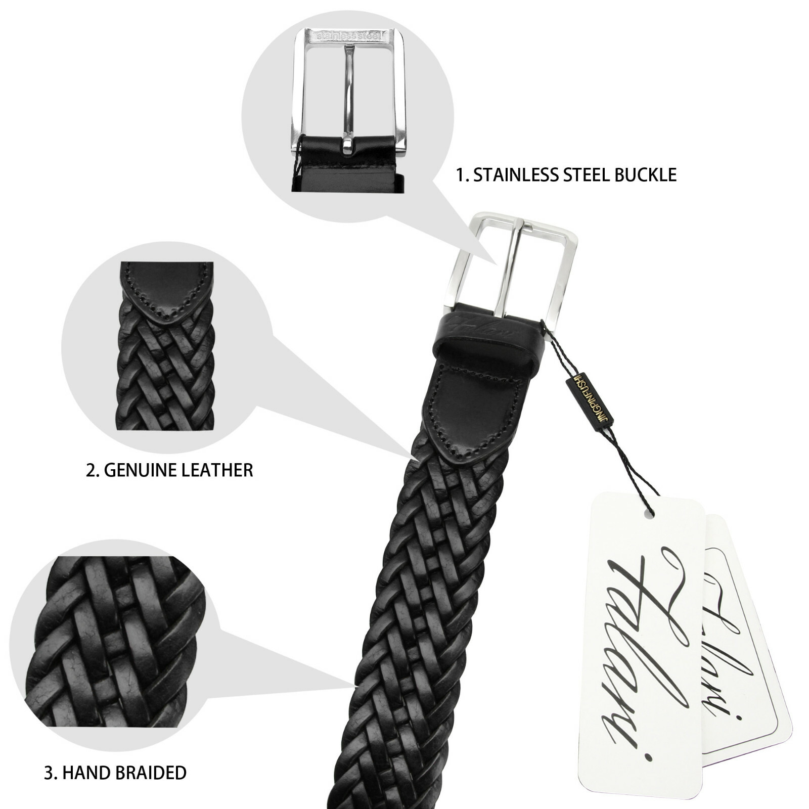 Falari® Men’s Braided Belt Stainless Steel Buckle Genuine Leather 35mm 9007