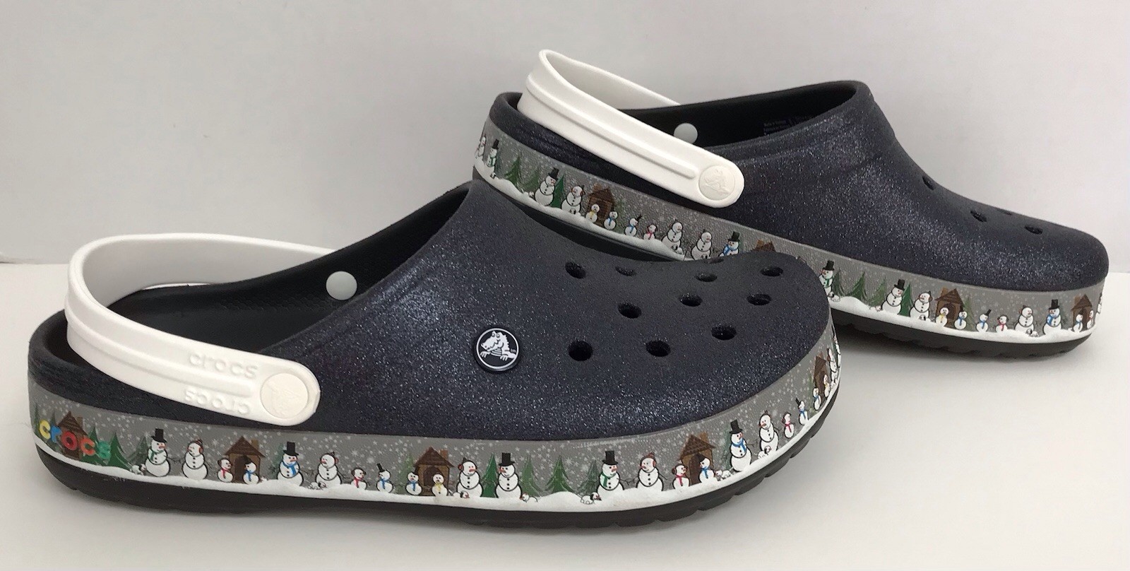Crocs Classic Black Glitter Snowman Print Unisex Size 9 M / 11 W