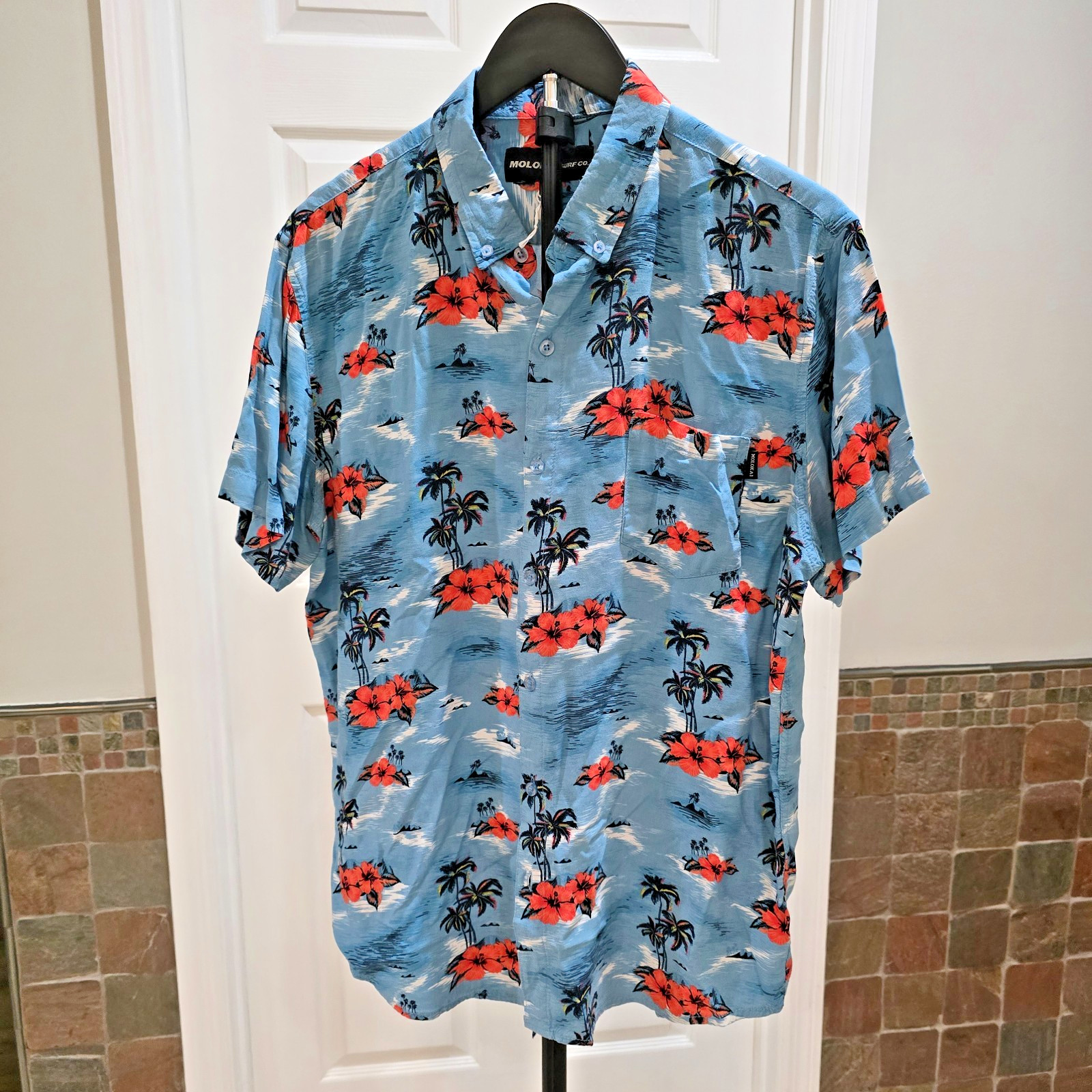 Molokai Surf Co Hawaiian Resort Shirt Mens L Blue Floral Rayon Relaxed Fit
