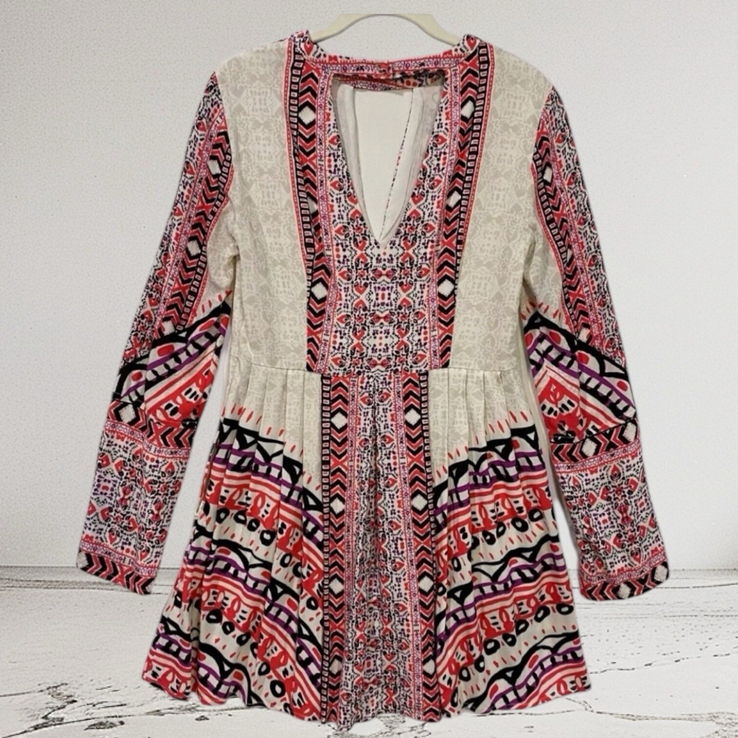 Free People Tegan Border Print Keyhole Mini Dress Size 2 Boho Summer Chic $108