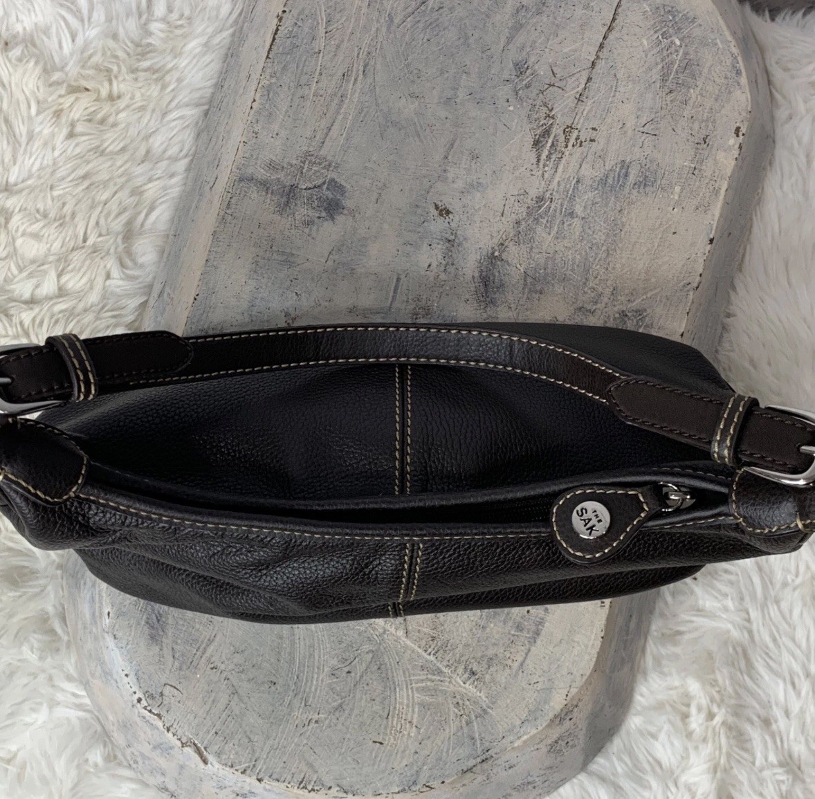The Sak Pebbled Leather Slouchy Hobo Shoulder Bag Dark Brown w/ Matching Wallet