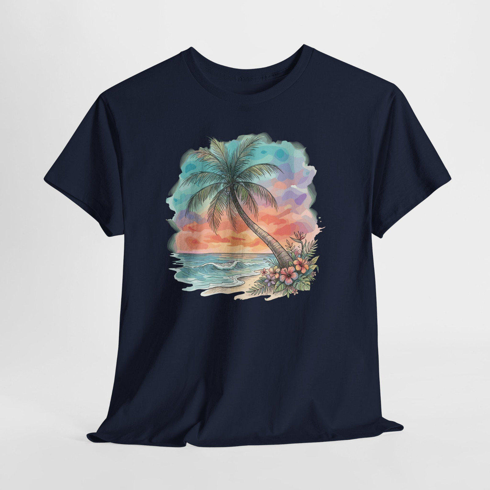 Sunset Beach Palm Tree Ocean Gift Graphic T Shirt Tee Top S-XL, Plus 2X 3X 4X 5X