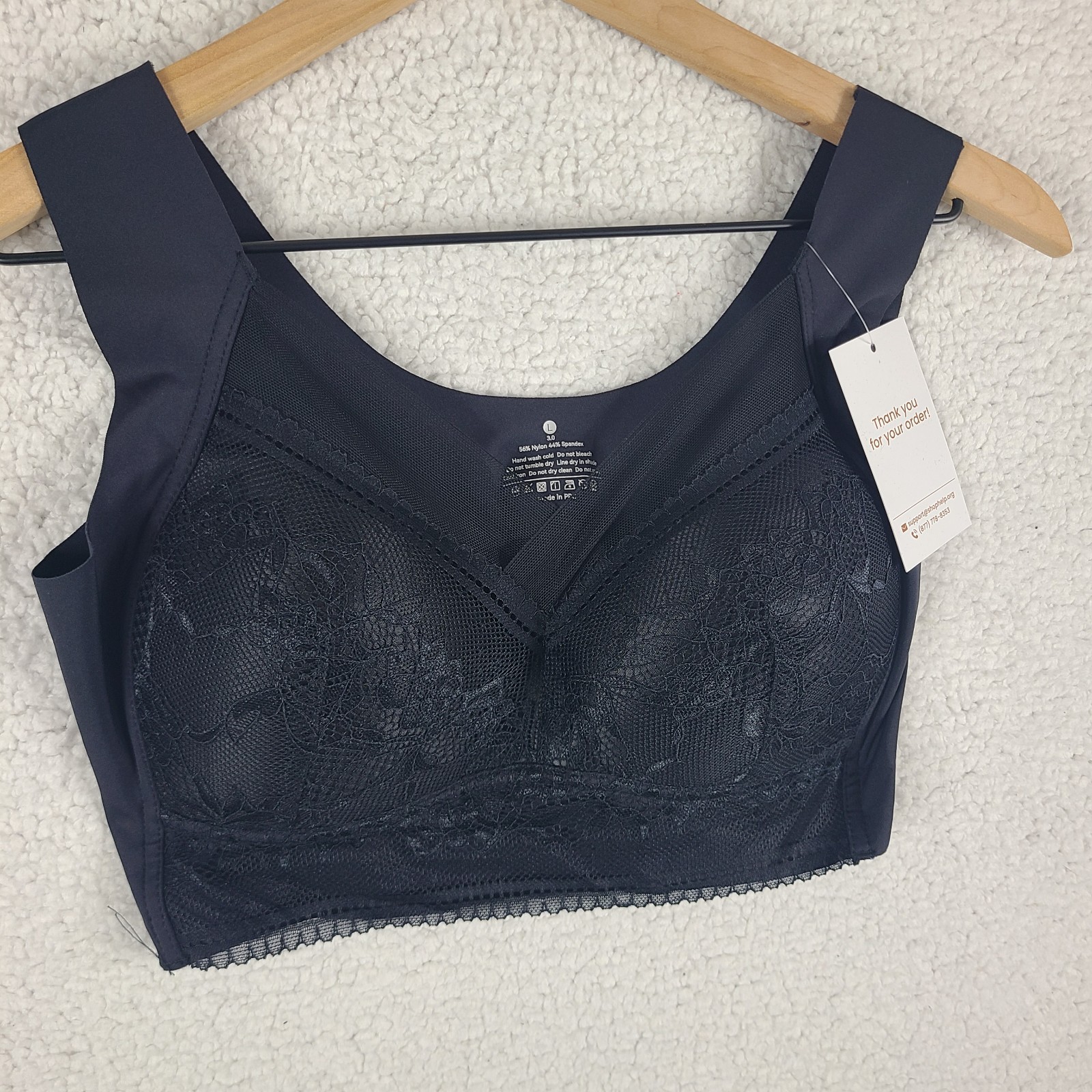 Womens Wireless Comfort Bra Size Large Black Lace Full Coverage Stretch Bralette
