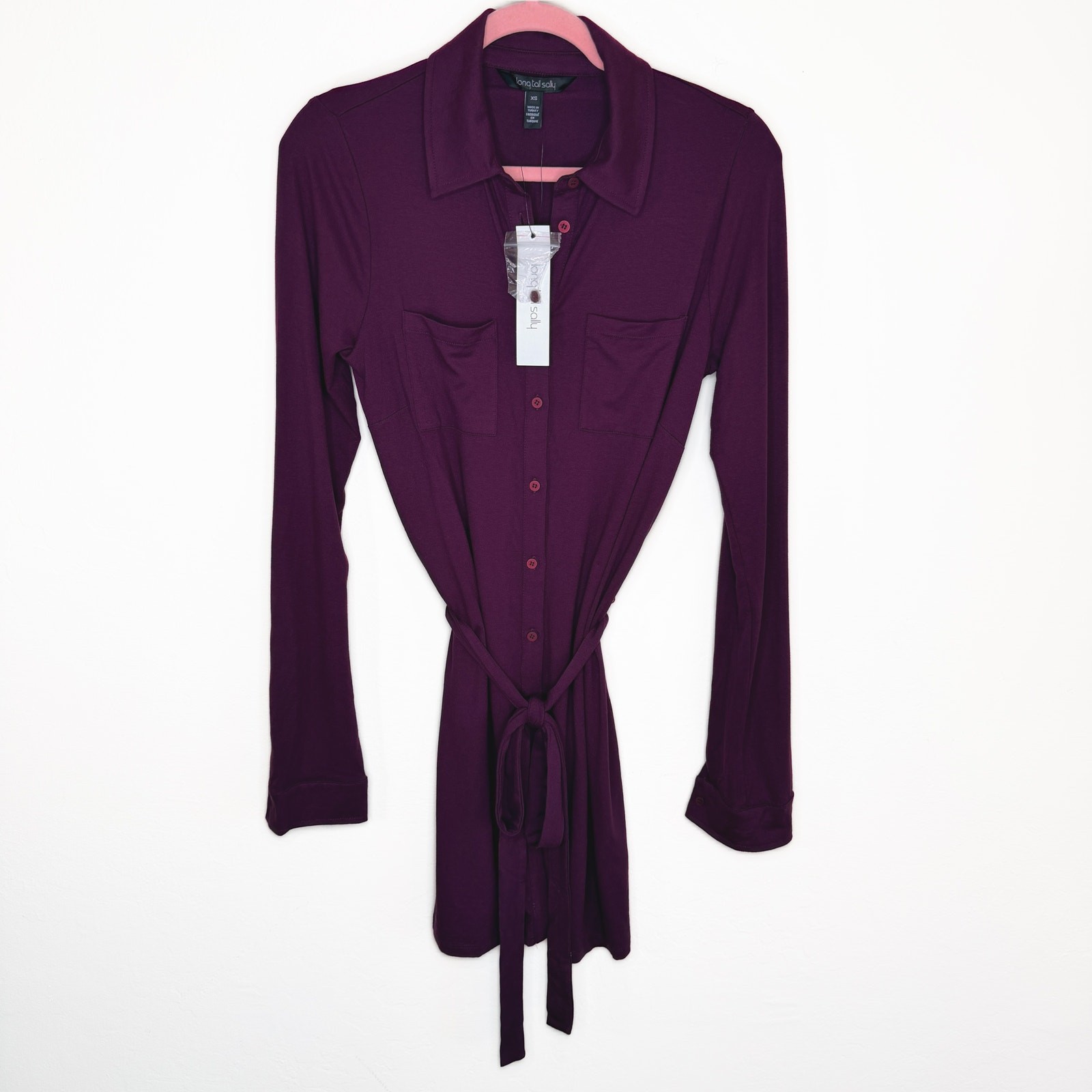 NWT Long Tall Sally Button Down Purple Belted Tie Waist T Shirt Tunic Mini Dress