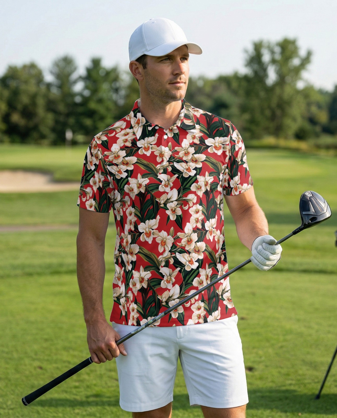 Men’s Polo Shirt Red Orchid Ginger Floral Golf Shirt Gift for Flower Lovers