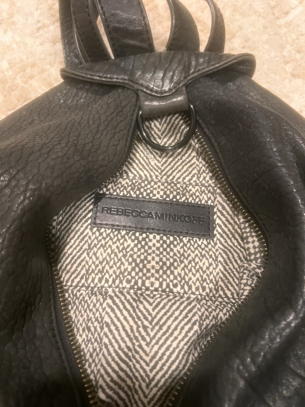 Rebecca Minkoff Black Pebbled Hobo Shoulder Bag Zip Closure Lined Geometric