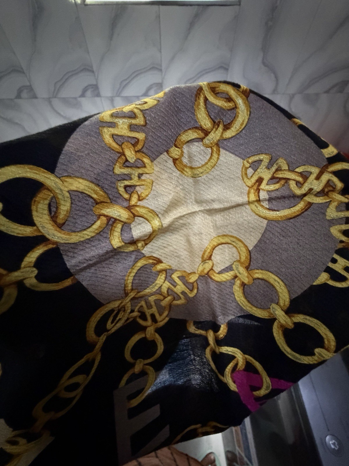 Black CELINE PARIS Typography Scarf with Gold Chain Logo