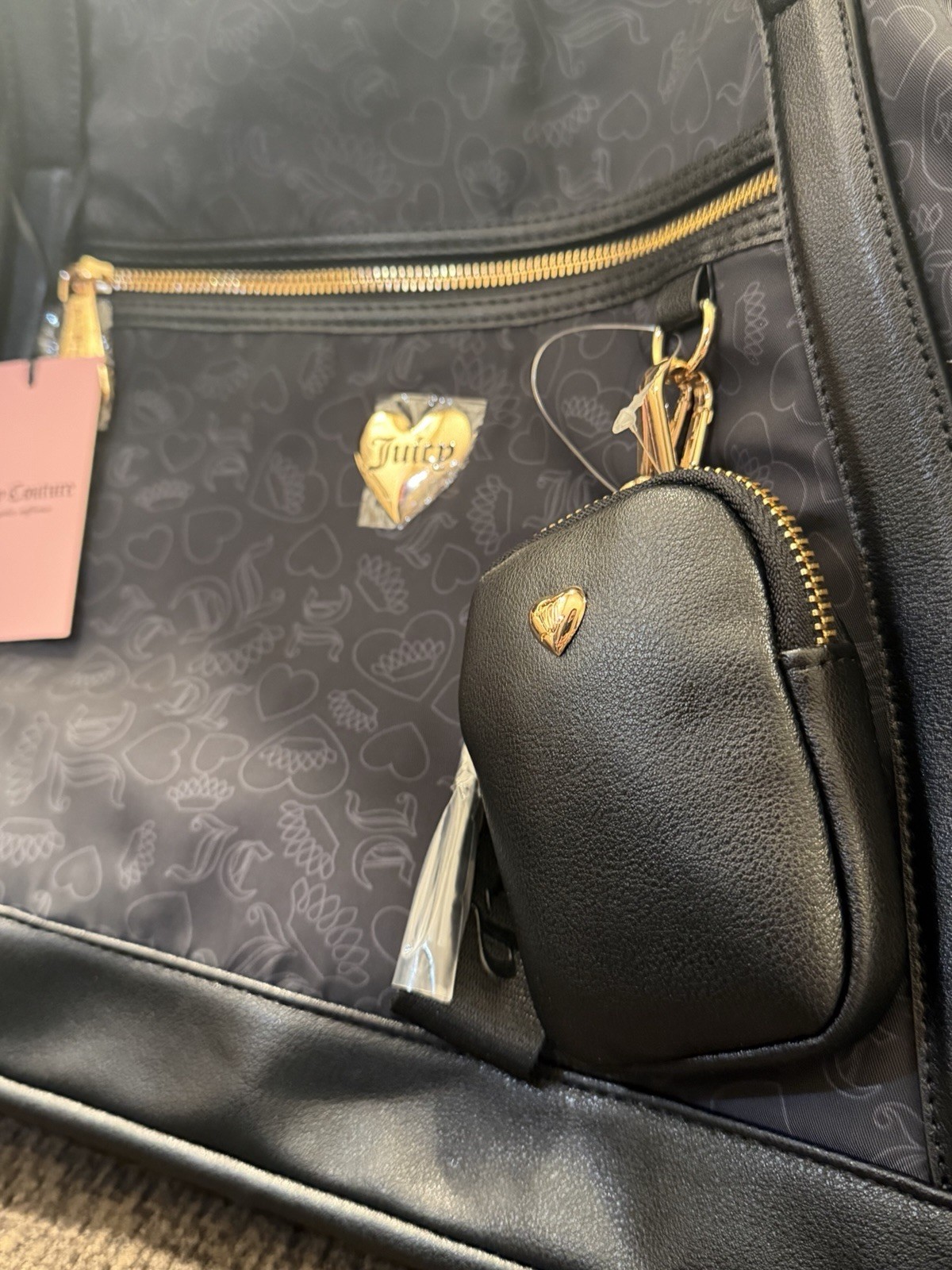 Juicy Couture Black Tonal Logo Large Tote Bag Zip Detachable Strap