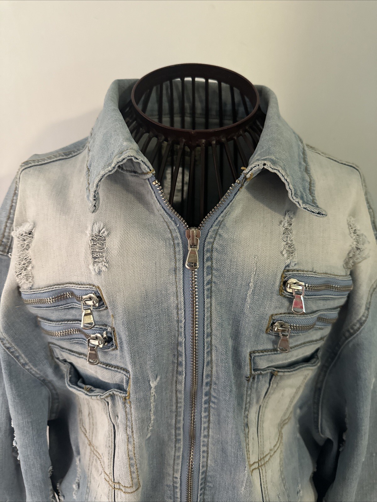 argonauts nation 2XL lightweight blue distressed zippers jean jacket