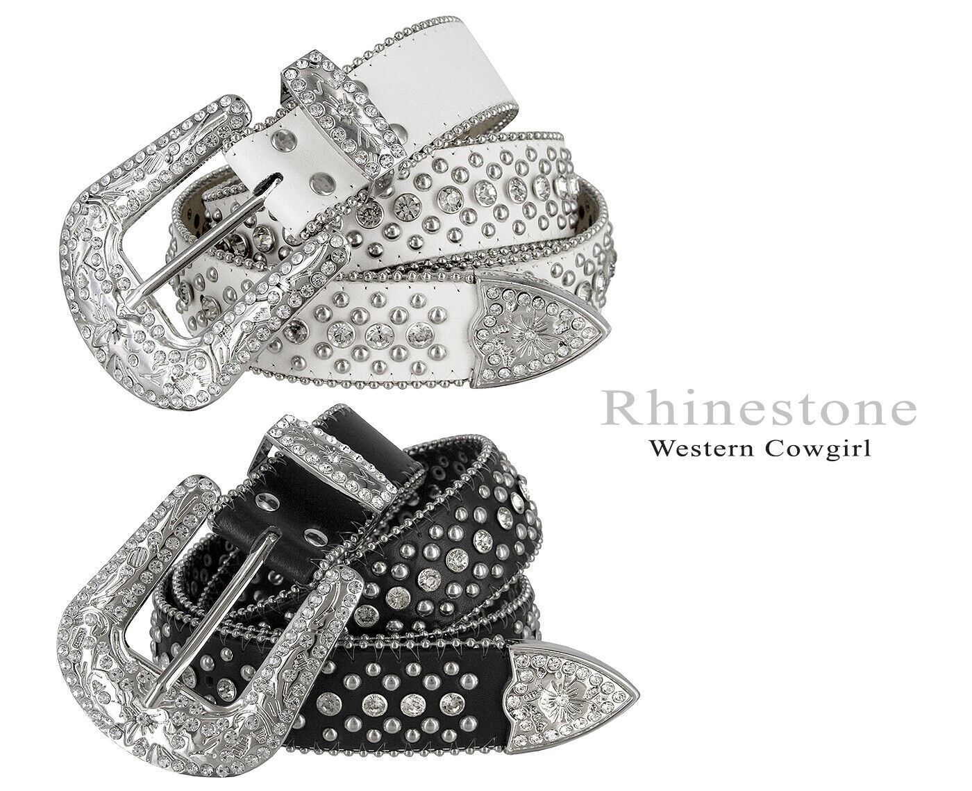 Rhinestone Western Cowgirl Bling Studded Design Leather Belt 1-1/2″(38mm) wide