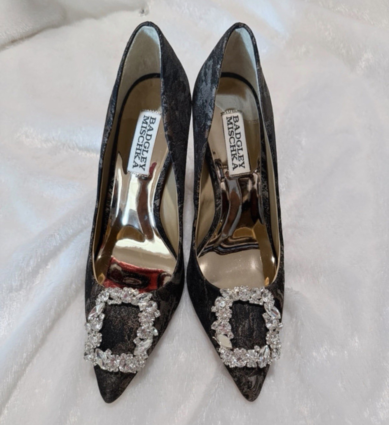 Badgley Mischka Women’s Black/Silver Leather Pointed Toe Rhinestone Pump 6M