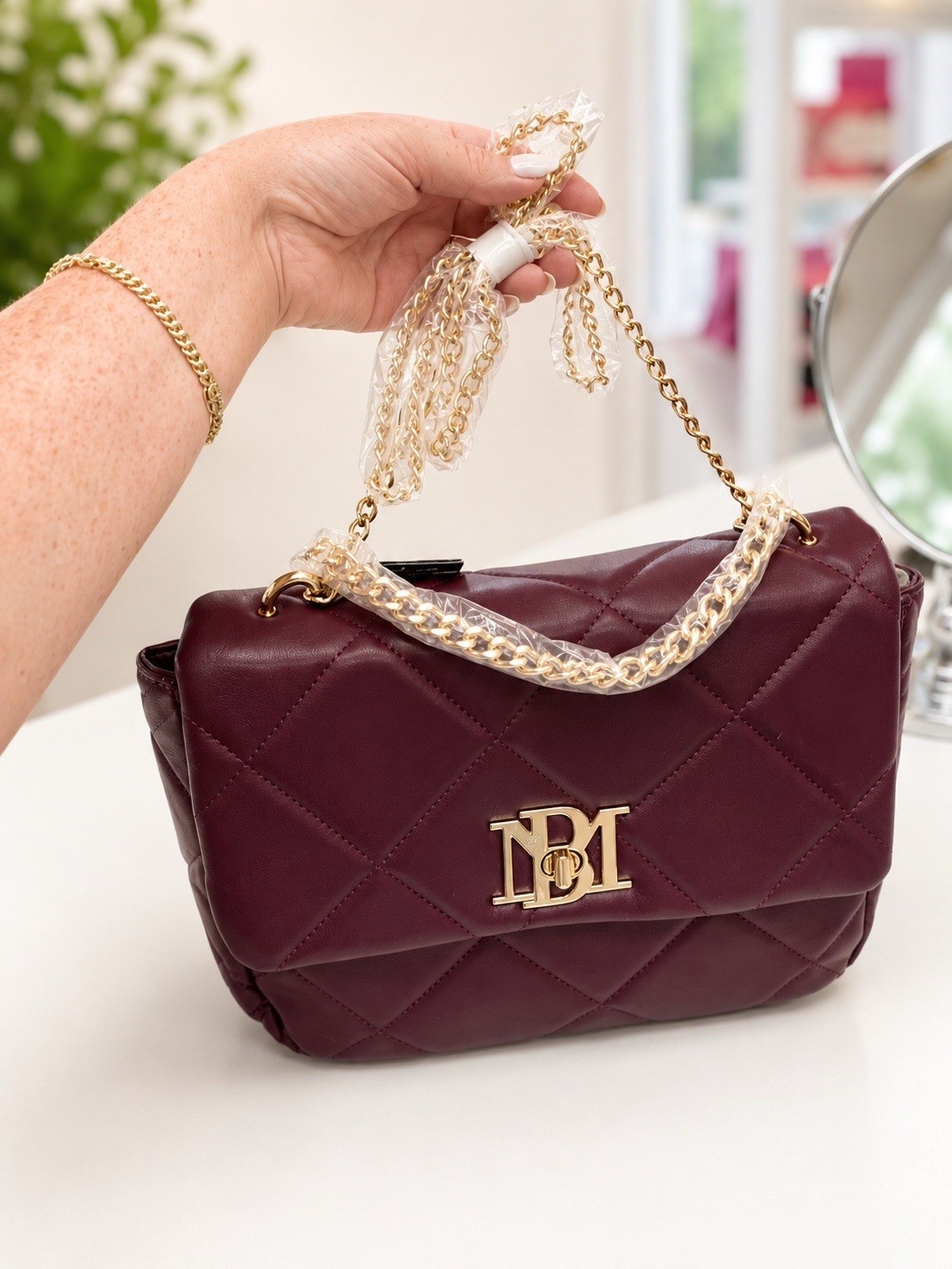 Badgley Mischka Plum Quilted Crossbody Bag Gold Chain