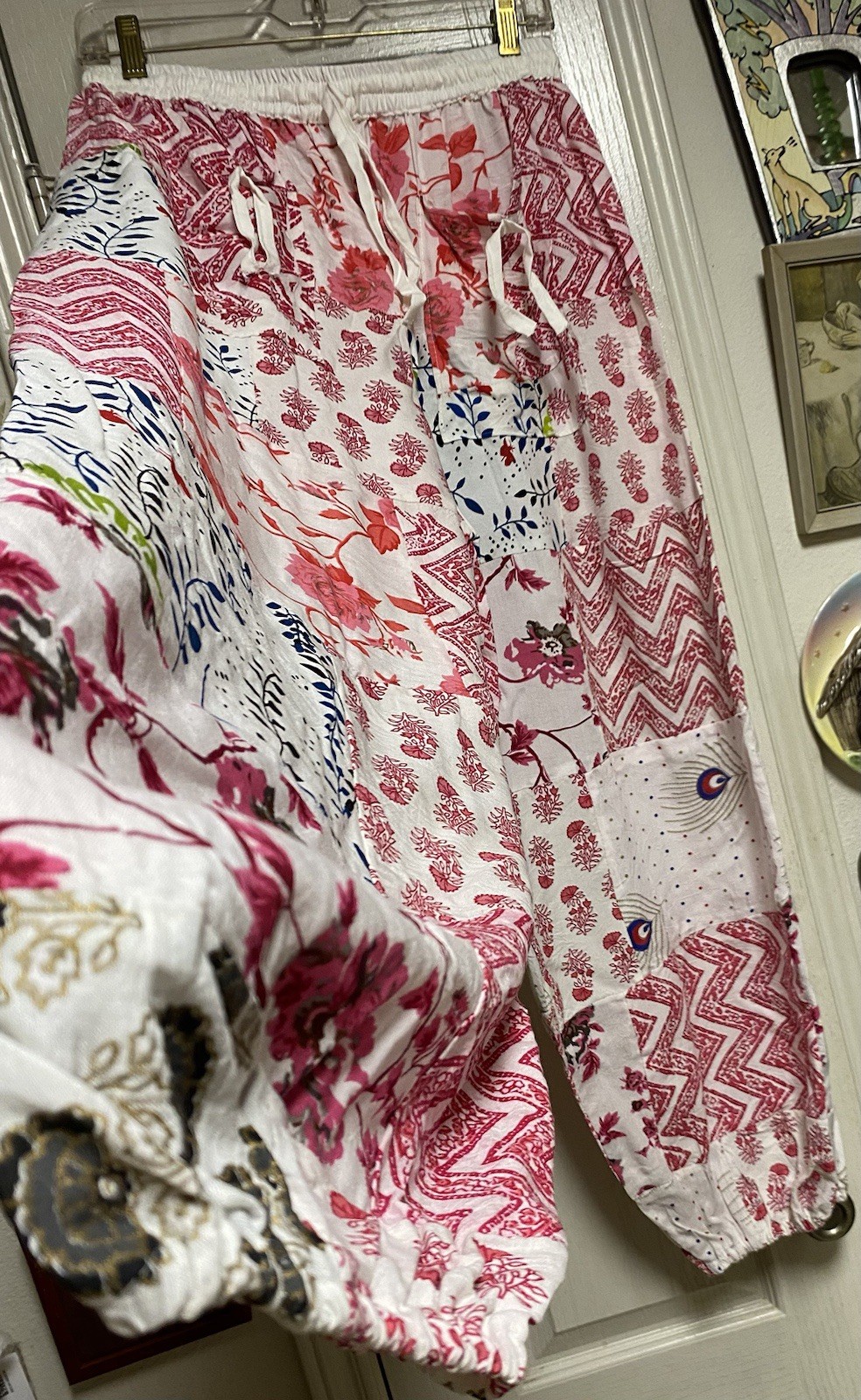 Boho Bloomers With Floral/Fauna Graphics On White Rayon Background-Gathered Legs