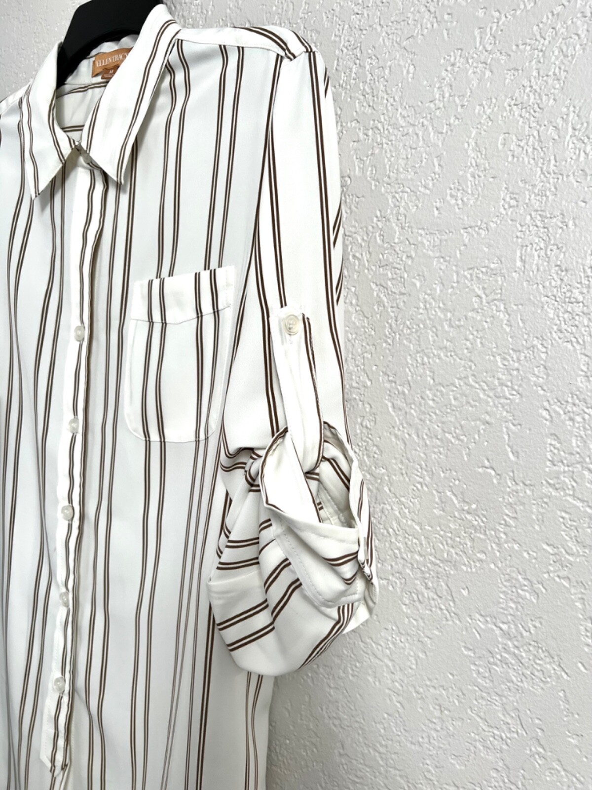 Ellen Tracy White Moss Brown Stripe Long sleeves Casual Blouse Classic Tops sz M