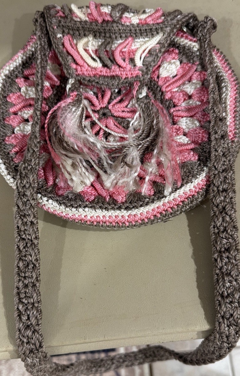 Handmade Round Drawstring Crossbody Bag Fringe Boho Multicolor Hippie 70’s