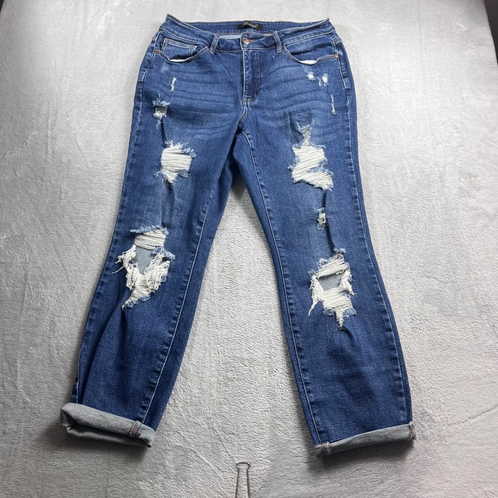 Judy Blue Distressed Boyfriend Jeans Medium Wash High Rise Ripped 14W JB88220