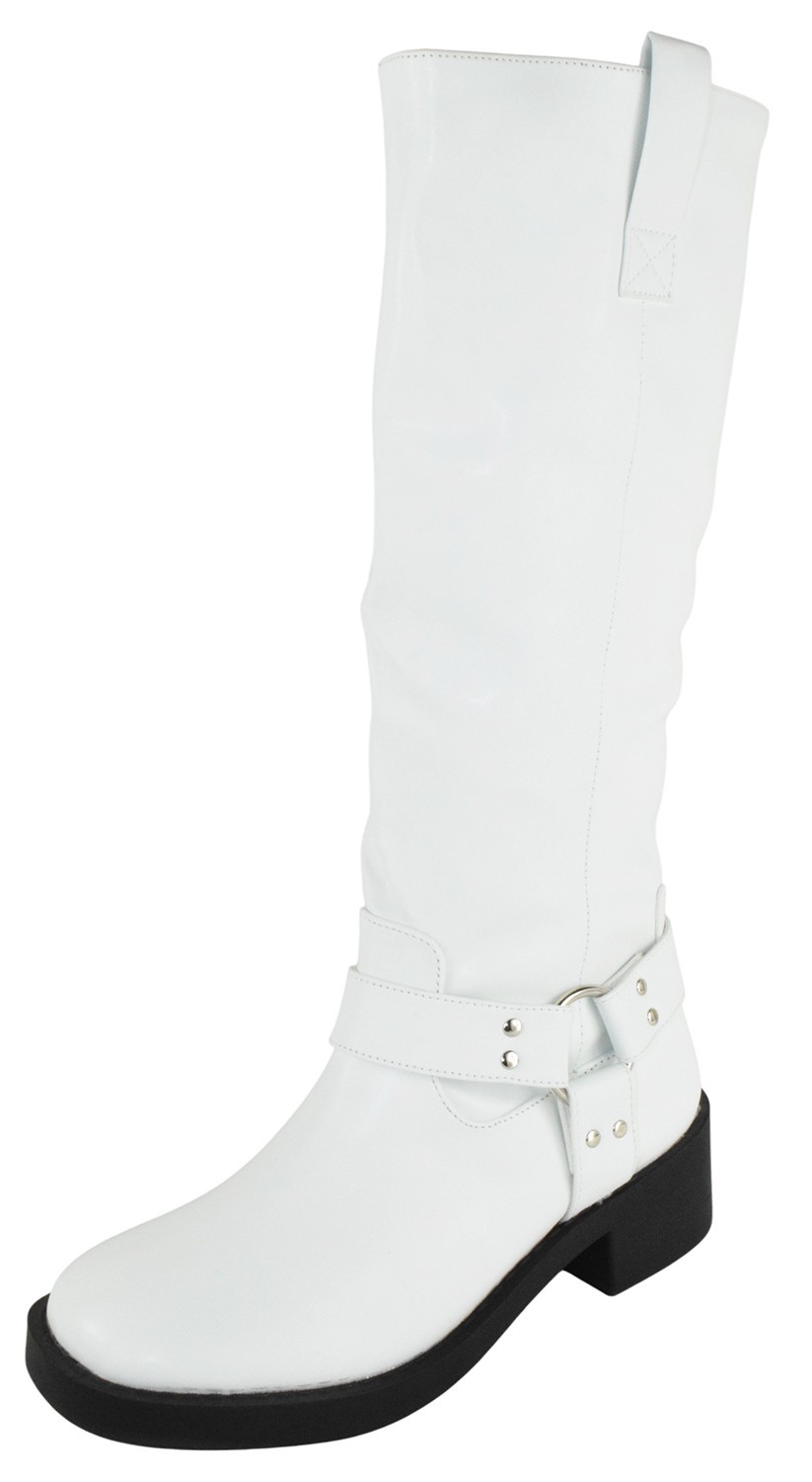 Berness Women Knee High Boots Buckle Riding Zippers Block Heel SPENCER White PU