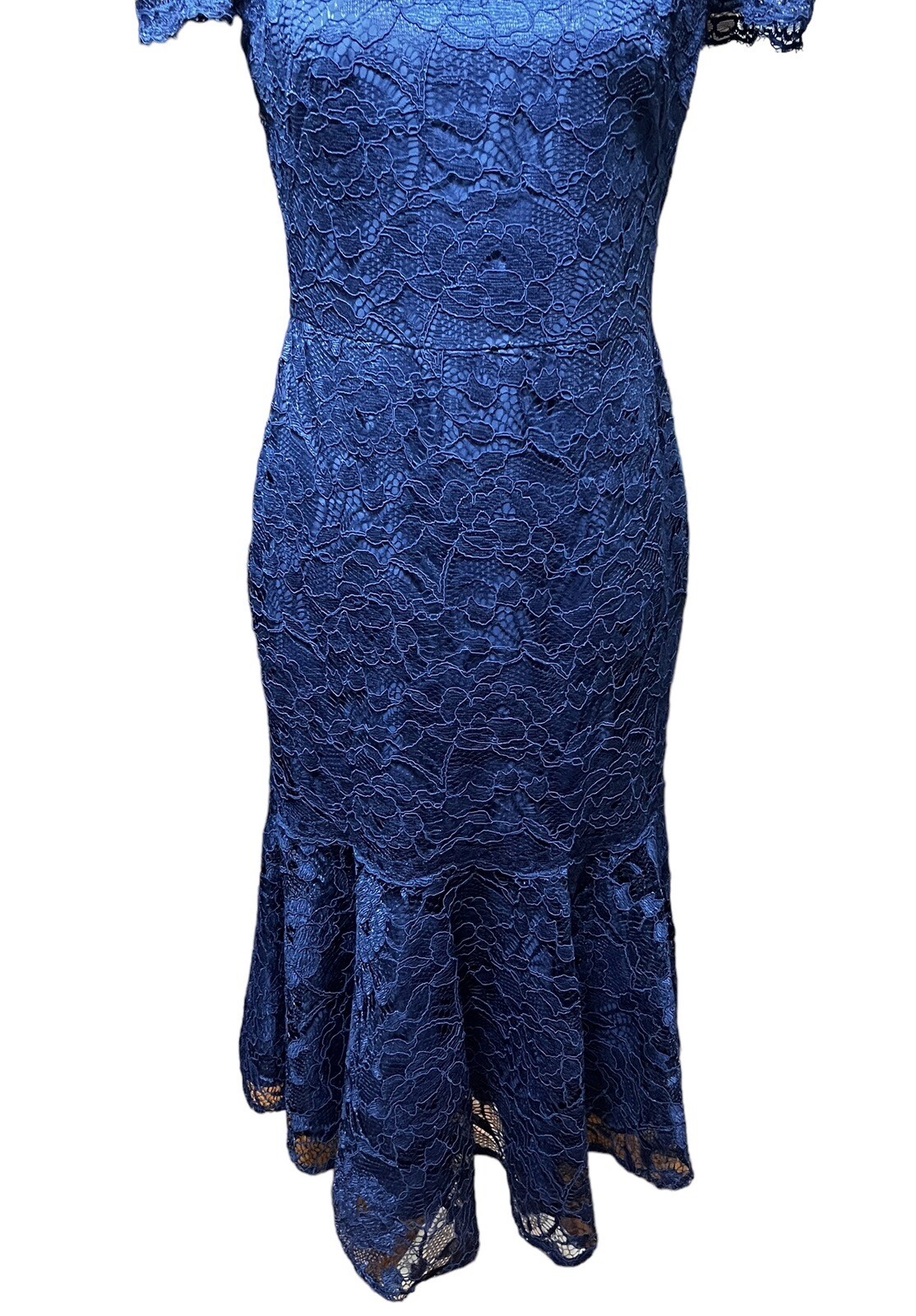 Gal Meets Glam Eve Illusion Lace Ruffle Hem Short Sleeve Midi Dress Navy Size 8