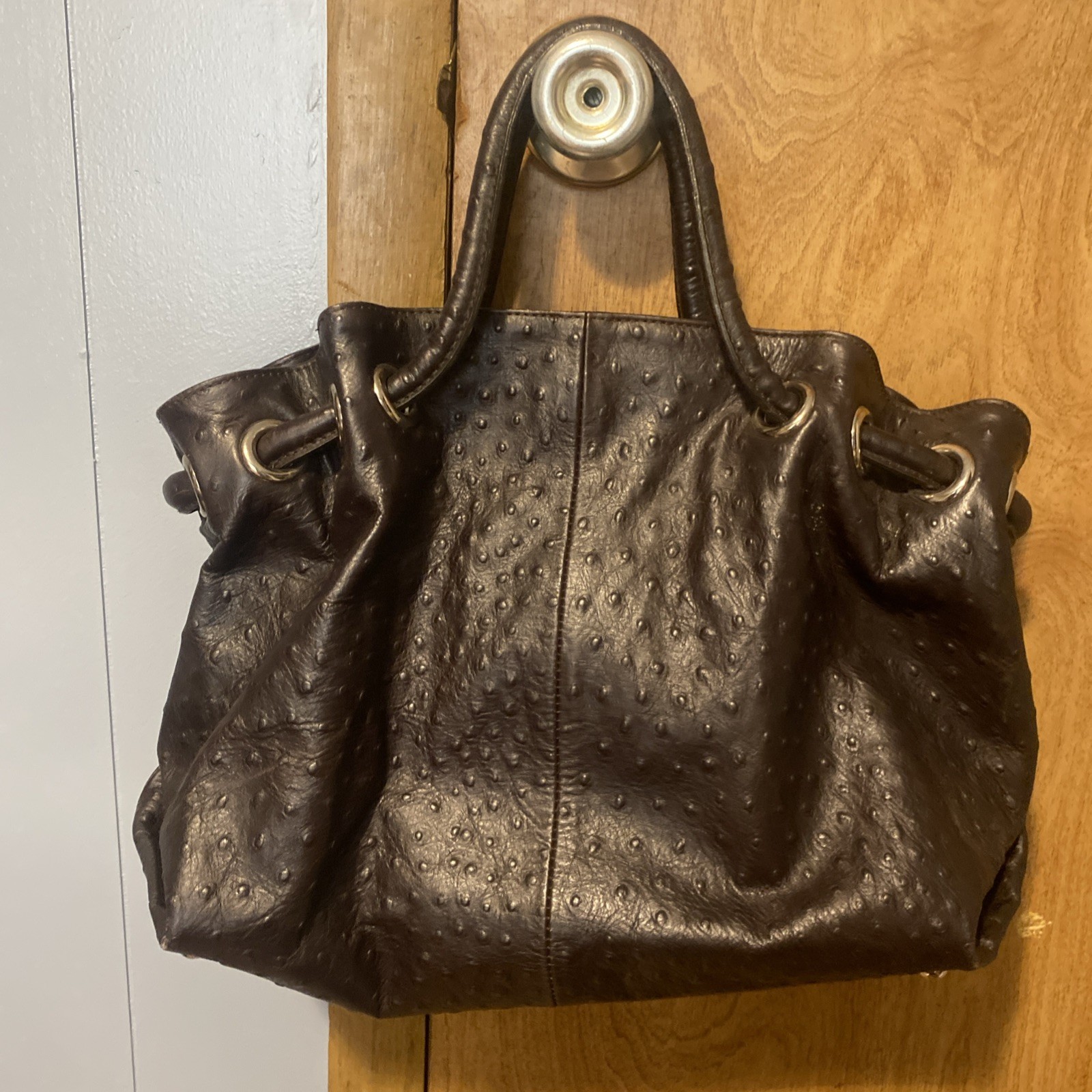 Furla Ostrich Embossed Leather Dark Brown Satchel Bag