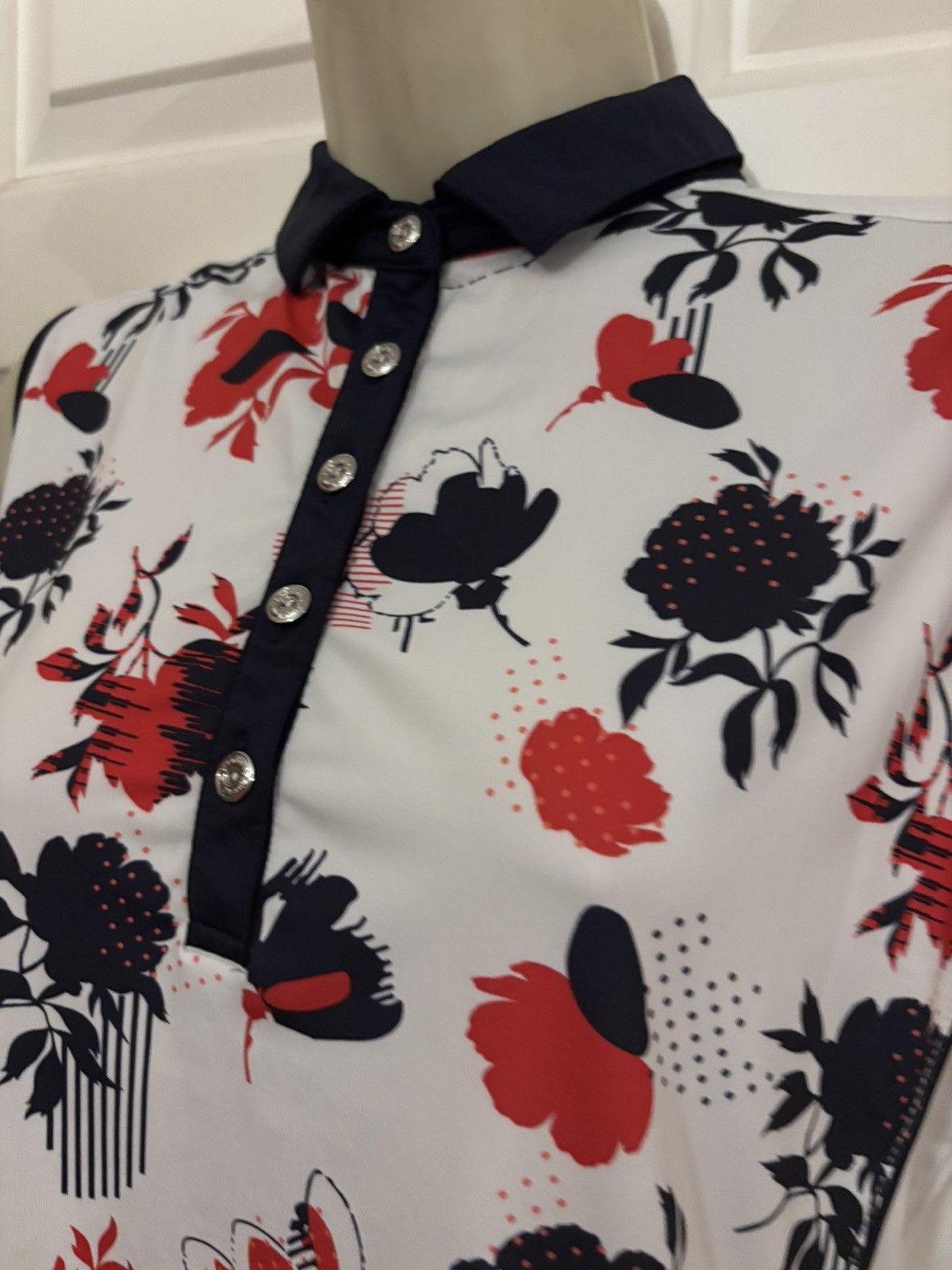 Green Lamb Golf Top size 12 White with Black & Red Print Equestrian Riding