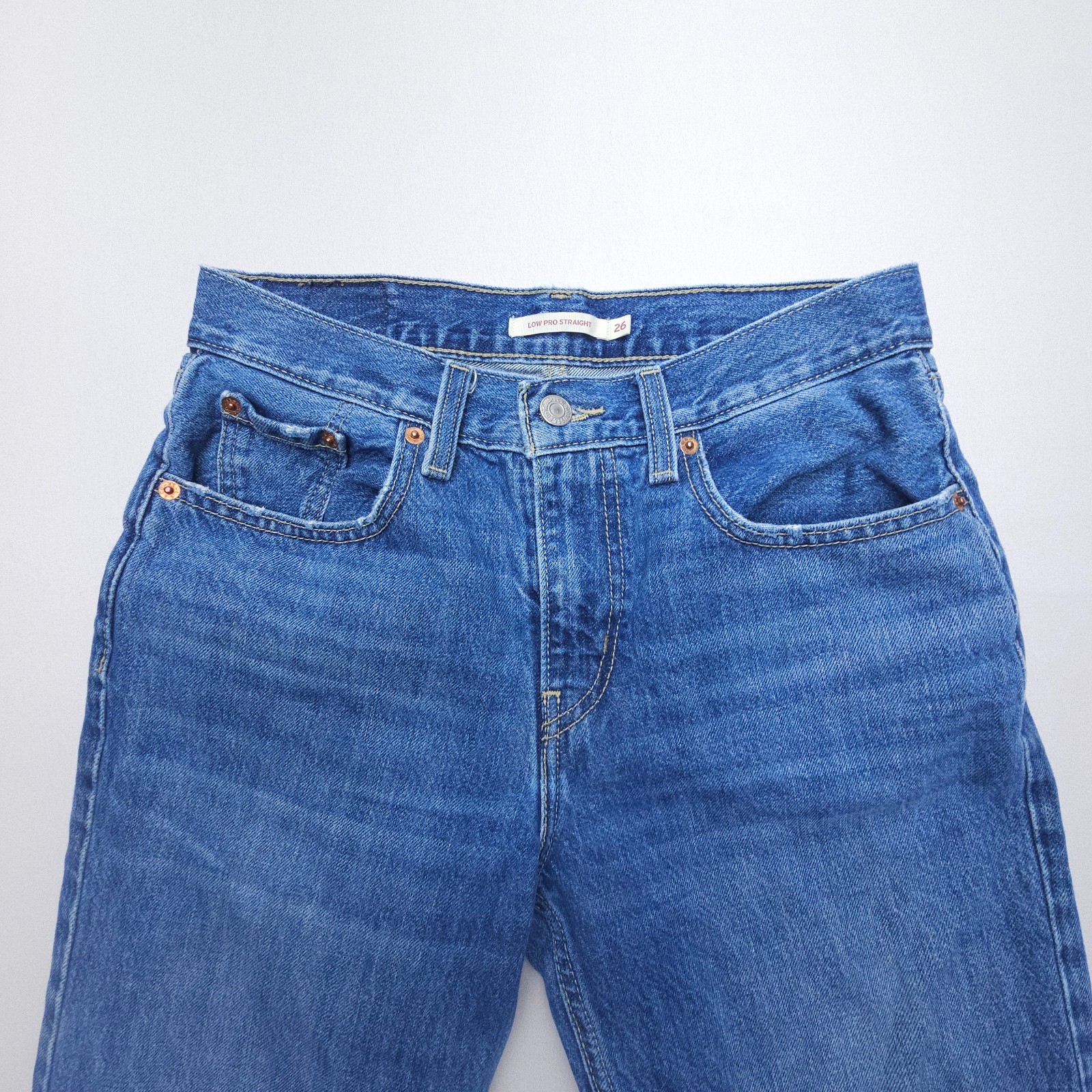 Levi’s Low Pro Straight Jeans Womens 26 Blue Rigid Cotton Denim Distressed