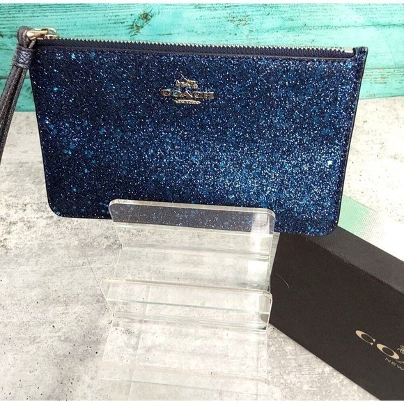 Coach Corner Zip Wristlet Glitter Star Navy Cross grain Leather