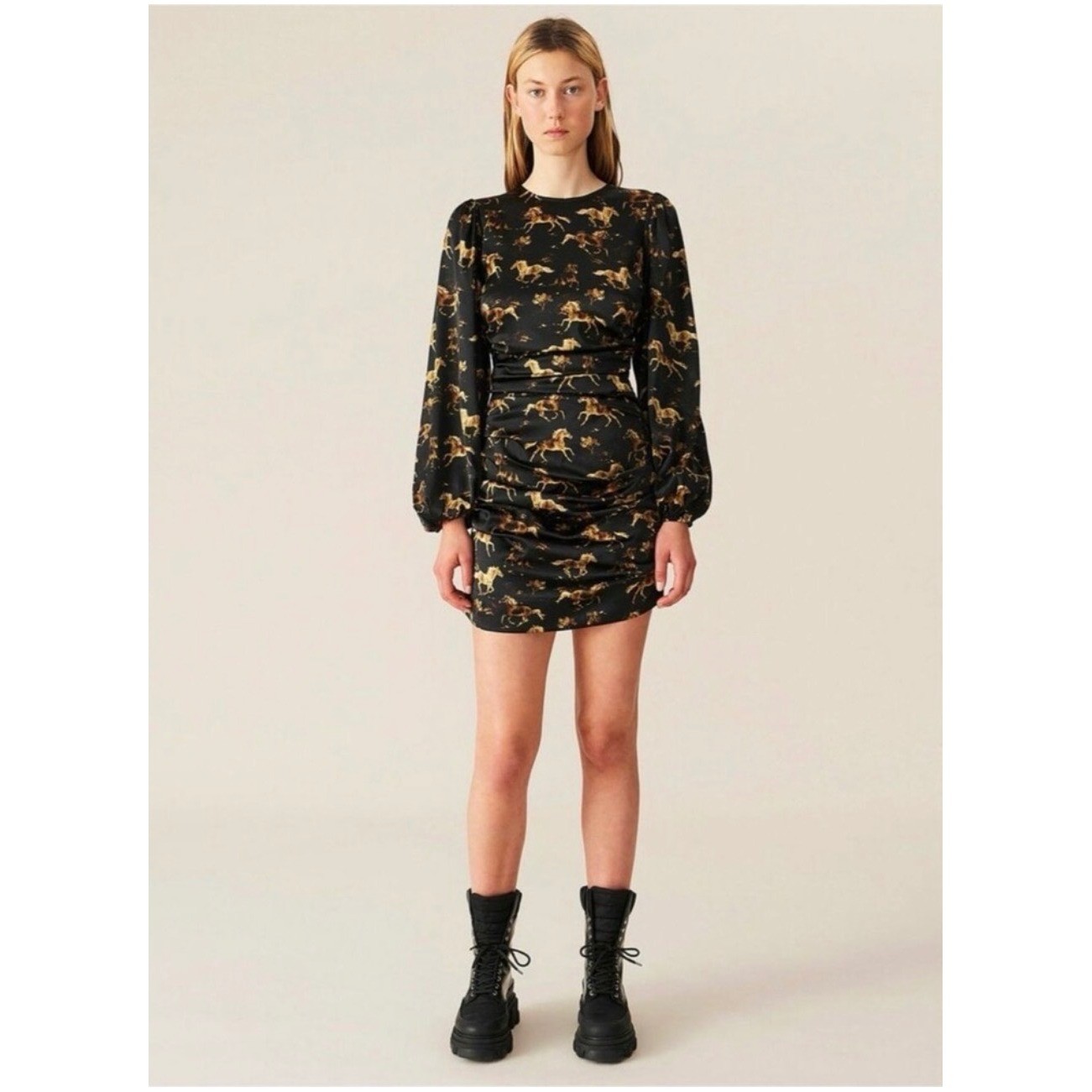 Ganni Horse Print Silk Stretch Ruched Mini Dress Black Gold Size 36 US 4 6131