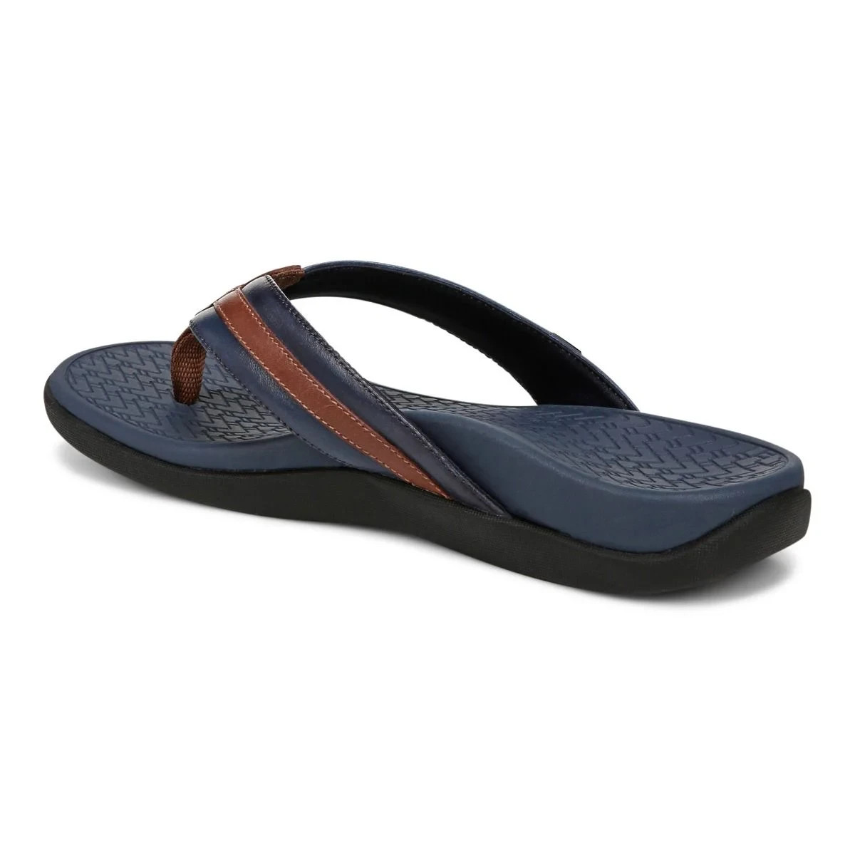 Vionic Tide II Men Toe Post Sandal Orthotic Flip Flop Navy Brown Leather New