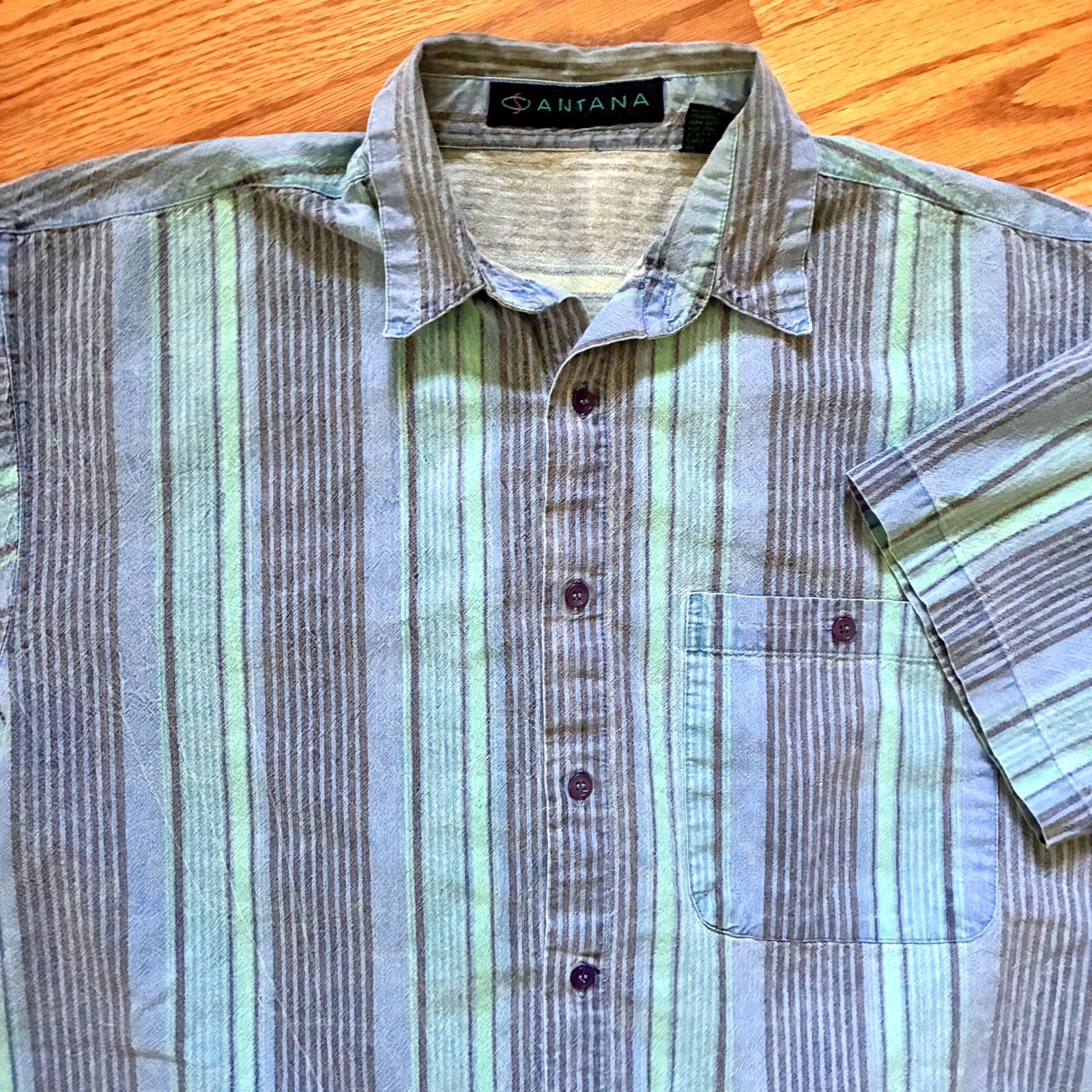VINTAGE 90s Santana Blue Striped Short-Sleeve Button-Up Shirt Size Large