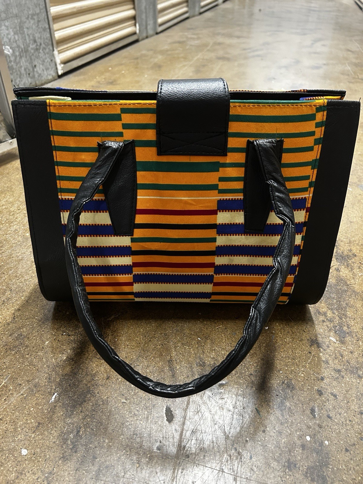 African Kente Print Handbag Purse Black Faux Leather Tote Magnetic Snap Zip Top