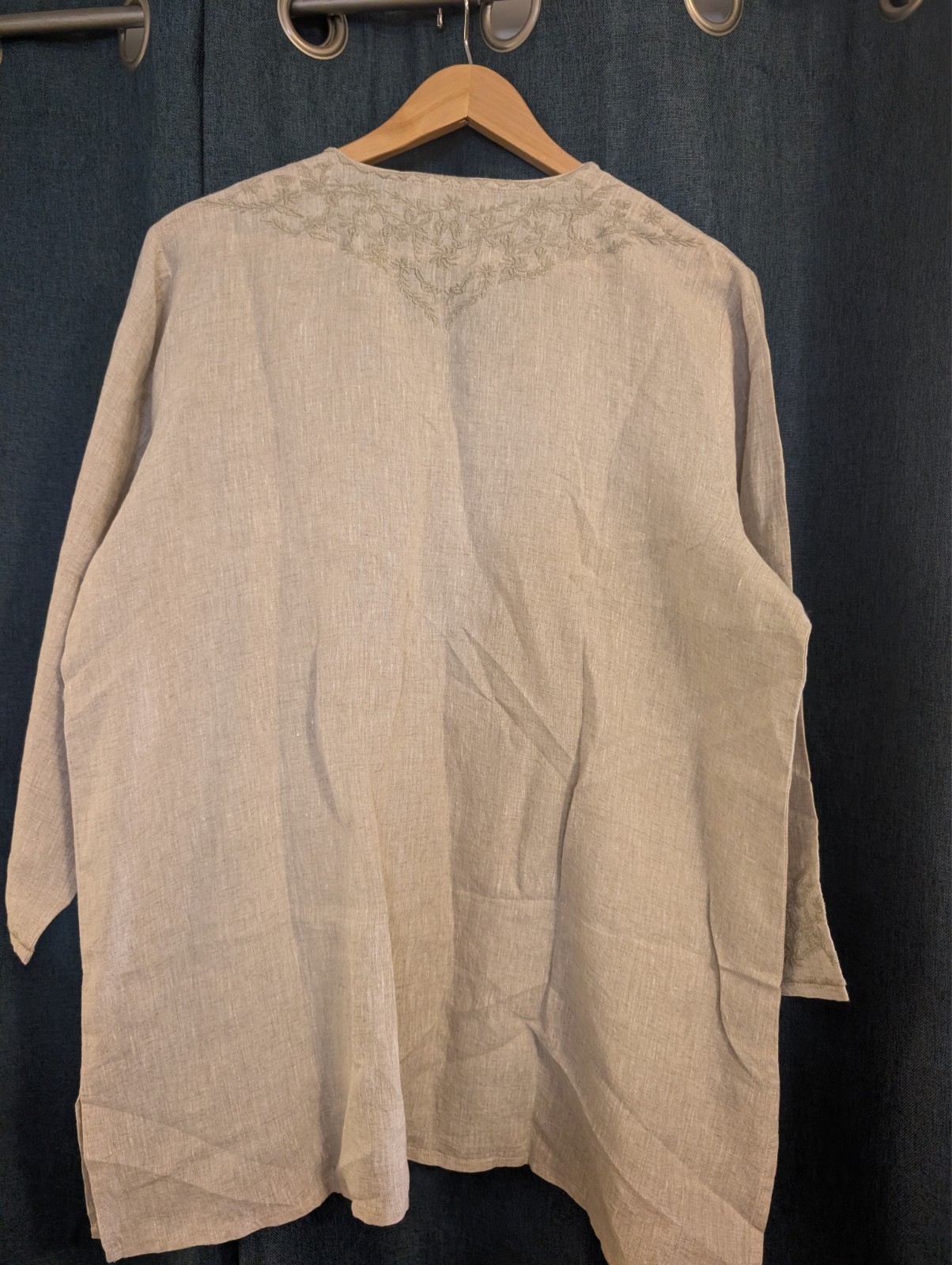 Coldwater Creek Linen Boho Top Beige Button Up w Slit 3/4 Sleeve Embroidered XXL
