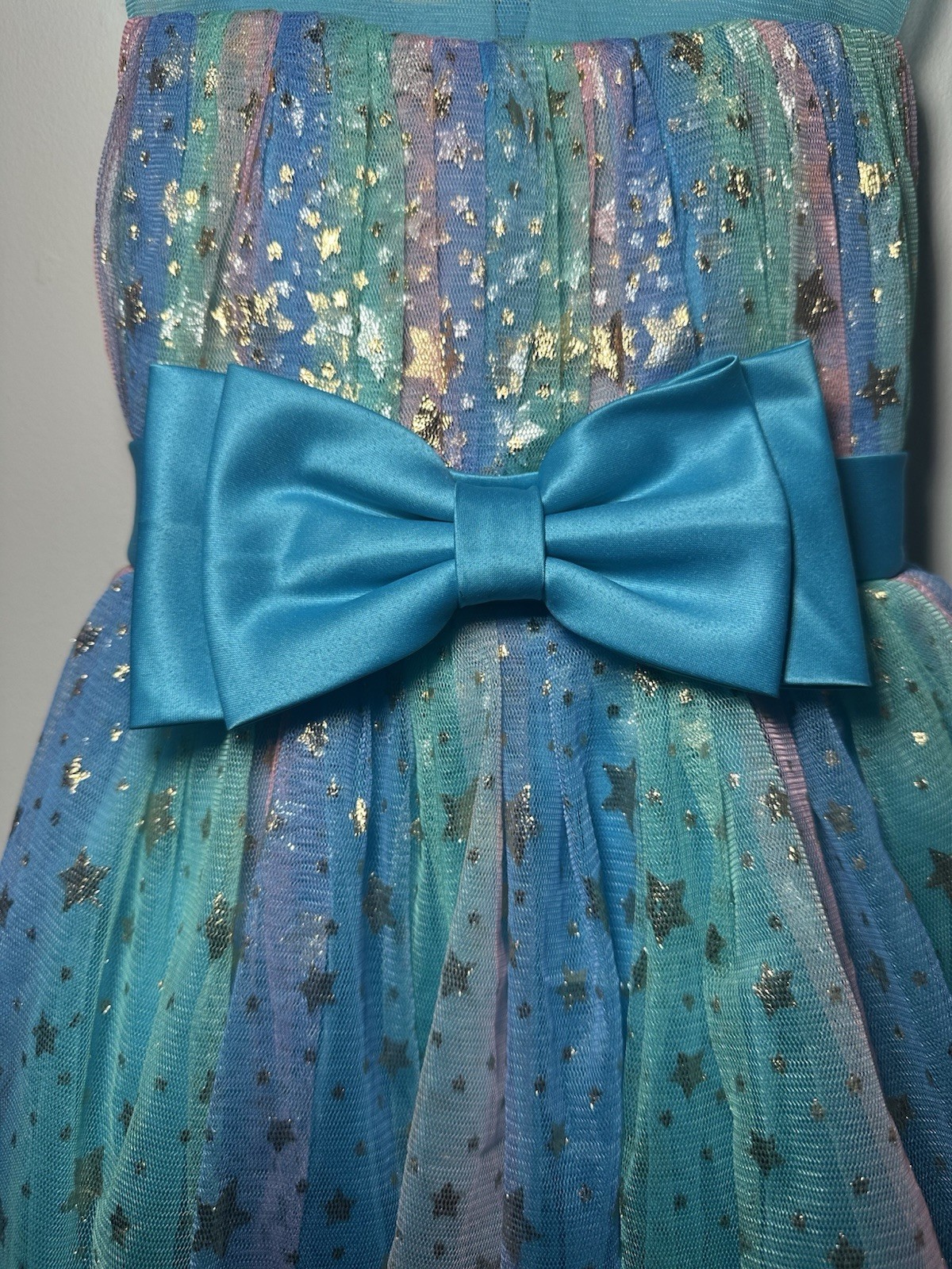 5T/5Y Elegant Sheer Rainbow Tulle Dress With Bows And Gold Stars For Girls